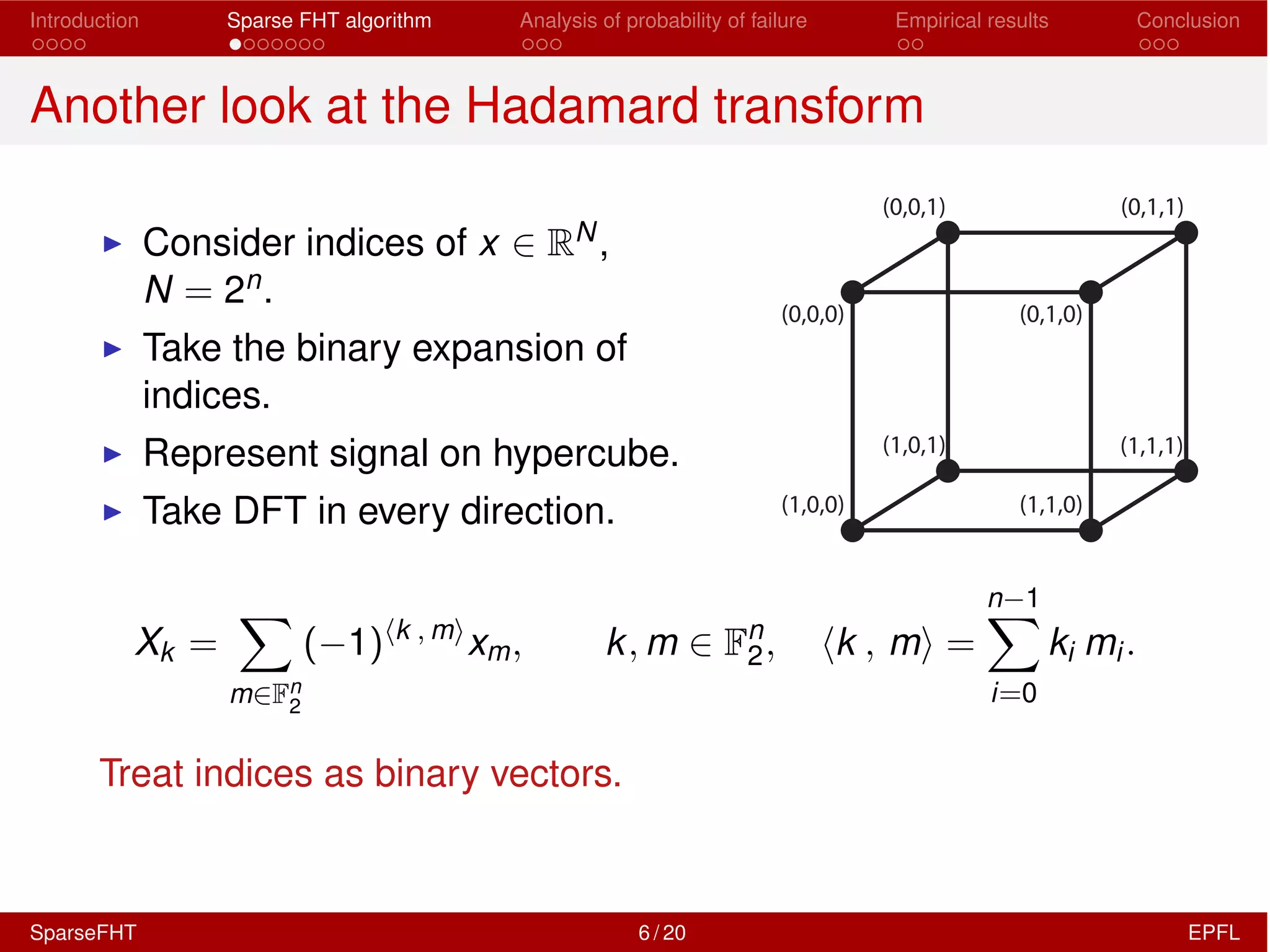 Introduction Sparse FHT algorithm Analysis of probability of failure Empirical results Conclusion
Another look at the Hadamard transform
I Consider indices of x 2 RN,
N = 2n.
I Take the binary expansion of
indices.
I Represent signal on hypercube.
I Take DFT in every direction.
(0,0,0) (0,1,0)
(1,0,1) (1,1,1)
(1,1,0)(1,0,0)
(0,0,1) (0,1,1)
Xk =
X
m2Fn
2
( 1)hk , mi
xm, k, m 2 Fn
2, hk , mi =
n 1X
i=0
ki mi.
Treat indices as binary vectors.
SparseFHT 6 / 20 EPFL
 