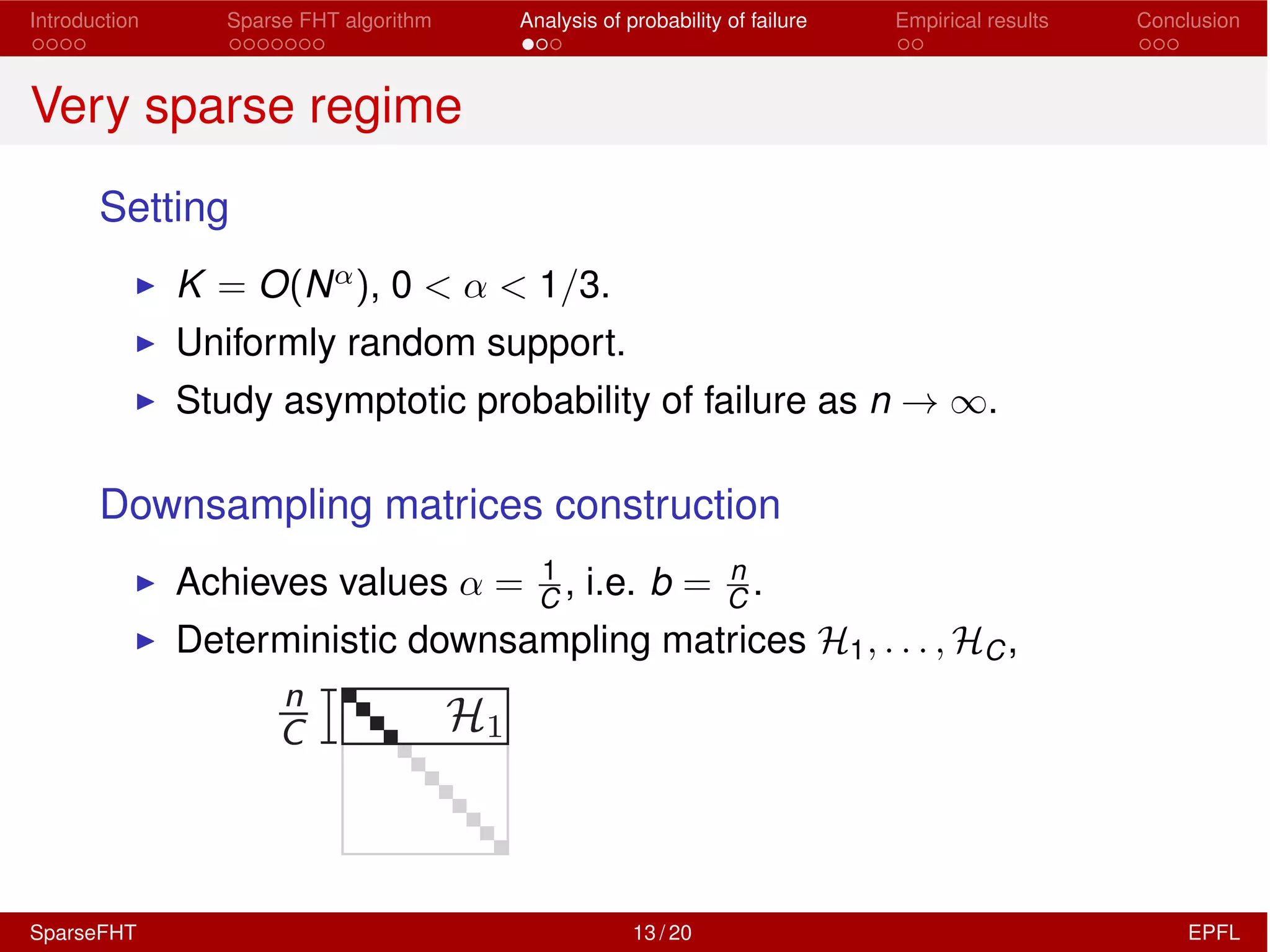 Introduction Sparse FHT algorithm Analysis of probability of failure Empirical results Conclusion
Very sparse regime
Setting
I K = O(N↵), 0 < ↵ < 1/3.
I Uniformly random support.
I Study asymptotic probability of failure as n ! 1.
Downsampling matrices construction
I Achieves values ↵ = 1
C , i.e. b = n
C .
I Deterministic downsampling matrices H1, . . . , HC,
SparseFHT 13 / 20 EPFL
 