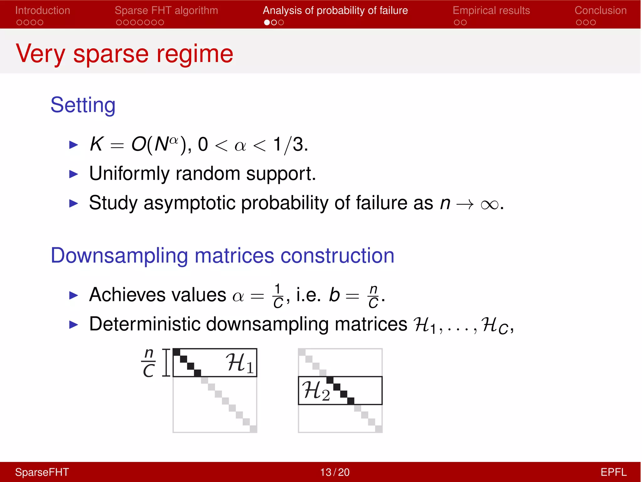 Introduction Sparse FHT algorithm Analysis of probability of failure Empirical results Conclusion
Very sparse regime
Setting
I K = O(N↵), 0 < ↵ < 1/3.
I Uniformly random support.
I Study asymptotic probability of failure as n ! 1.
Downsampling matrices construction
I Achieves values ↵ = 1
C , i.e. b = n
C .
I Deterministic downsampling matrices H1, . . . , HC,
SparseFHT 13 / 20 EPFL
 