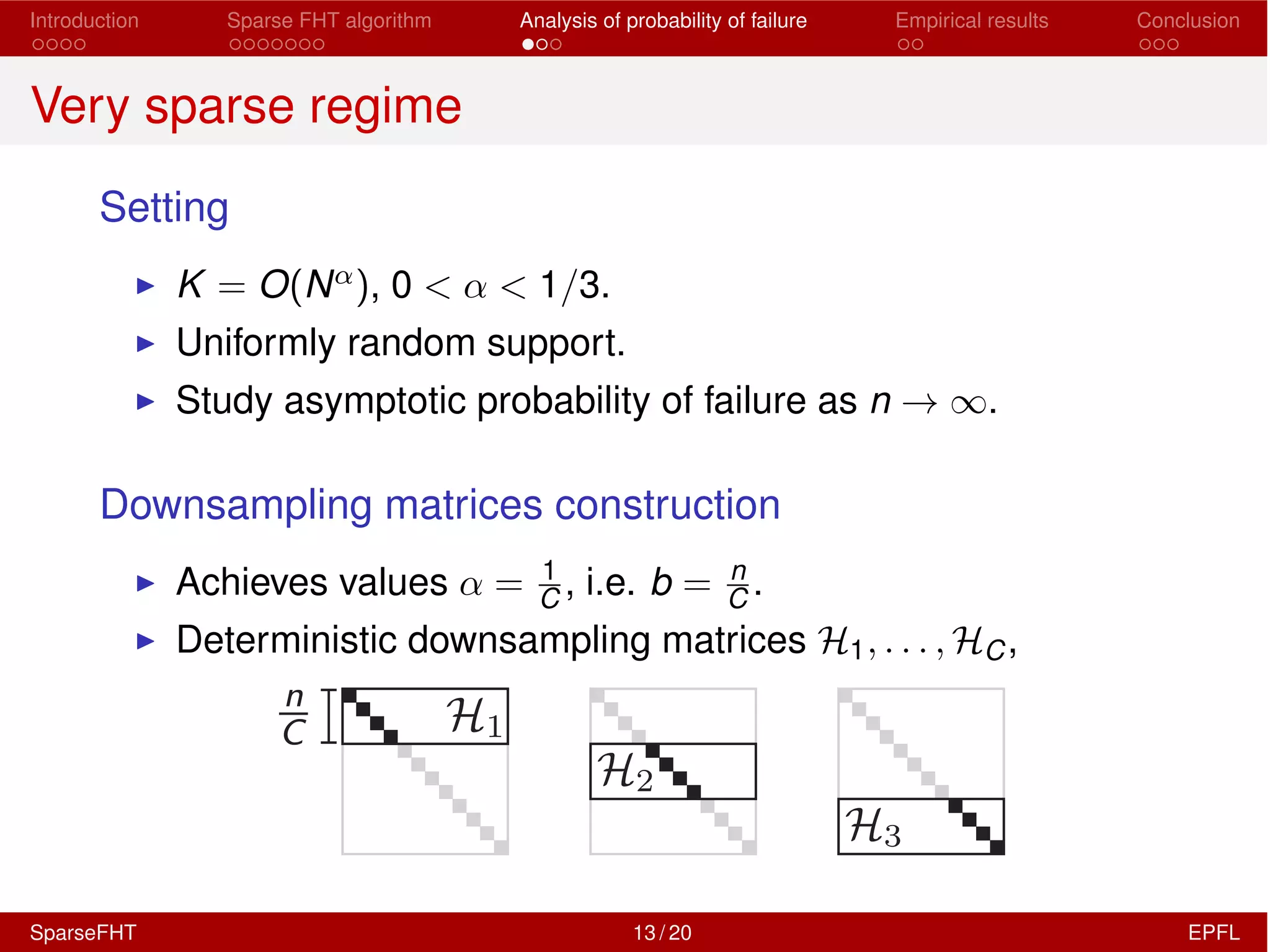 Introduction Sparse FHT algorithm Analysis of probability of failure Empirical results Conclusion
Very sparse regime
Setting
I K = O(N↵), 0 < ↵ < 1/3.
I Uniformly random support.
I Study asymptotic probability of failure as n ! 1.
Downsampling matrices construction
I Achieves values ↵ = 1
C , i.e. b = n
C .
I Deterministic downsampling matrices H1, . . . , HC,
SparseFHT 13 / 20 EPFL
 