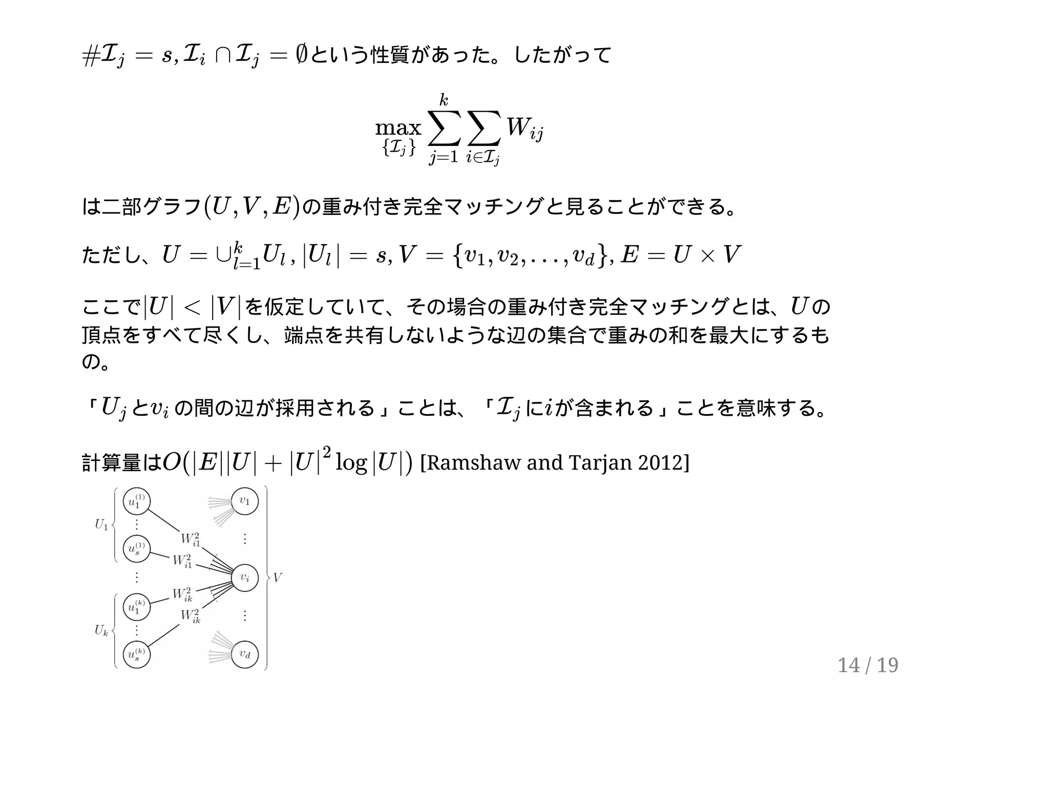 , という性質があった。したがって
は二部グラフ の重み付き完全マッチングと見ることができる。
ただし、 , , ,
ここで を仮定していて、その場合の重み付き完全マッチングとは、 の
頂点をすべて尽くし、端点を共有しないような辺の集合で重みの和を最大にするも
の。
「 と の間の辺が採用される」ことは、「 に が含まれる」ことを意味する。
計算量は [Ramshaw and Tarjan 2012]
# = sIj ∩ = ∅Ii Ij
max
{ }Ij
∑
j=1
k
∑
i∈Ij
Wij
(U , V , E)
U = ∪
k
l=1
Ul | | = sUl V = { , , … , }v1 v2 vd E = U × V
|U | < |V | U
Uj vi Ij i
O(|E||U | + |U log |U |)|
2
14 / 19
 