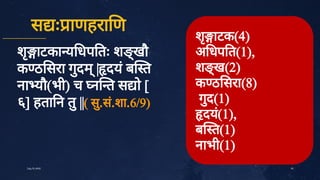 स ः ाणहरा ण
शृ
ाटका य धप तः शङ्
खौ
क ठ सरा गु
दम्
| दयं
ब त
ना यौ(भी) च न त स ो [
६] हता न तु
||( सु
.सं
.शा.6/9)
29
July10,2020
शृ
ाटक(4)
अ धप त(1),
शङ्
ख(2)
क ठ सरा(8)
गु
द(1)
दयं
(1),
ब त(1)
नाभी(1)
 
