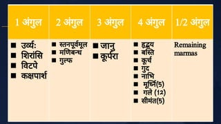 1 अं
गु
ल 2 अं
गु
ल 3 अं
गु
ल 4 अं
गु
ल 1/2 अं
गु
ल
उ ः
शरां
स
वटपे
क पाश




तनपू
वमू
ल
म णब ध
गु
फ



जानु
क
ू
परा


य
ब त
क
ू
च
गु
द
ना भ
मू
न(5)
गले
(12)
सीमं
त(5)








Remaining
marmas
 