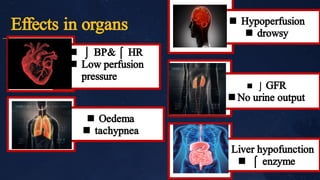 Effects in organs 

Hypoperfusion
drowsy


Oedema
tachypnea


Ņ BP&ń HR
Low perfusion
pressure


Liver hypofunction
ń enzyme


Ņ GFR
No urine output
 