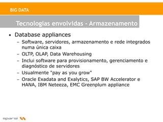 BIG DATA


  Tecnologias envolvidas - Armazenamento
• Database appliances
   – Software, servidores, armazenamento e rede integrados
     numa única caixa
   – OLTP, OLAP, Data Warehousing
   – Inclui software para provisionamento, gerenciamento e
     diagnóstico de servidores
   – Usualmente "pay as you grow"
   – Oracle Exadata and Exalytics, SAP BW Accelerator e
     HANA, IBM Neteeza, EMC Greenplum appliance
 