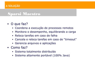 A SOLUÇÃO


 Sparsi Maestro

• O que faz?
  • Coordena a execução de processos remotos
  • Monitora o desempenho, equilibrando a carga
  • Reloca tarefas em caso de falha
  • Cancela e reloca tarefas em caso de “timeout”
  • Gerencia arquivos e aplicações
• Como faz?
   • Sistema totalmente distribuído
   • Sistema altamente portável (100% Java)
 