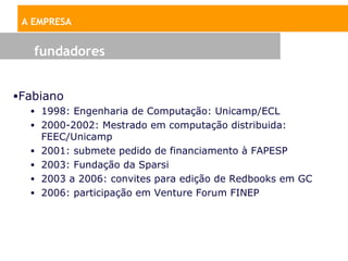 A EMPRESA


   fundadores


•Fabiano
  • 1998: Engenharia de Computação: Unicamp/ECL
  • 2000-2002: Mestrado em computação distribuida:
      FEEC/Unicamp
  •   2001: submete pedido de financiamento à FAPESP
  •   2003: Fundação da Sparsi
  •   2003 a 2006: convites para edição de Redbooks em GC
  •   2006: participação em Venture Forum FINEP
 