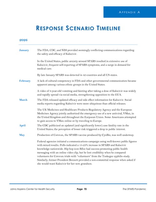 A P P E N D I X A
RESPONSE SCENARIO TIMELINE
2026
January The FDA, CDC, and NIH provided seemingly conflicting communications regarding
the safety and efficacy of Kalocivir.
In the United States, public anxiety around SPARS resulted in extensive use of
Kalocivir, frequent self-reporting of SPARS symptoms, and a surge in demand for
medical care.
By late January SPARS was detected in 42 countries and all US states.
February A lack of cultural competency in FDA and other governmental communication became
apparent among various ethnic groups in the United States.
A video of 3-year-old vomiting and fainting after taking a dose of Kalocivir was widely
and rapidly spread via social media, strengthening opposition to the EUA.
March The FDA released updated efficacy and side effect information for Kalocivir. Social
media reports regarding Kalocivir were more ubiquitous than official releases.
The UK Medicines and Healthcare Products Regulatory Agency and the European
Medicines Agency jointly authorized the emergency use of a new antiviral, VMax, in
the United Kingdom and throughout the Eurpoean Union. Some Americans attempted
to gain access to VMax online or by traveling to Europe.
April The CDC publicized an updated (and significantly lower) case fatality rate in the
United States; the perception of lesser risk triggered a drop in public interest.
May Production of Corovax, the SPARS vaccine produced by CynBio, was well underway.
Federal agencies initiated a communications campaign using well-known public figures
with mixed results. Polls indicated a 15-23% increase in SPARS and Kalocivir
knowledge nationwide. Hip hop icon BZee had success promoting public health
messaging with an online video clip, but he lost credibility when he compared
volunteers for Corovax trials with “volunteers” from the Tuskegee syphilis study.
Similarly, former President Bennett provided a non-committal response when asked if
she would want Kalocivir for her new grandson.
Johns Hopkins Center for Health Security Page 70 The SPARS Pandemic
 