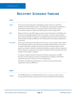 A P P E N D I X C
RECOVERY SCENARIO TIMELINE
2027
April Crowd-sourced and independent epidemiology analysis of Corovax side effects
conflicted with official federal reports. The independent analyses gained popularity in
traditional and social media due to visual presentation and interactive content.
Government attempts to respond with data and press releases largely failed.
May Reports of Corovax side effects began to gain traction. Several parents of children who
experienced neurological symptoms after receiving the vaccination sued the federal
government and CynBio. The lawsuit was dropped when they learned of compensation
funds available through the PREP Act and the National Vaccine Injury Compensation
Trust Fund.
November Initial reports of long-term side effects of the Corovax vaccine emerged. These reports
arose primarily from those in the initial priority (high-risk) populations and were few
in number. With little available data and numerous pre-existing conditions, initial
studies were unable to identify a statistically significant association with any long-term
effects. Claims for compensation were placed on indefinite hold until further data could
be gathered and analysis completed.
In response to public demand for long-term side effect compensation, the HHS
Secretary invited Congress to conduct an independent investigation of the federal
compensation process to alleviate concerns of impropriety.
The public and media pressured Congress to increase the funds authorized for
compensation under the PREP Act.
2028
August
The SPARS pandemic was officially declared to be over; however, experts remain
concerned about domestic animal reservoirs and the potential for future outbreaks.
Johns Hopkins Center for Health Security Page 75 The SPARS Pandemic
 