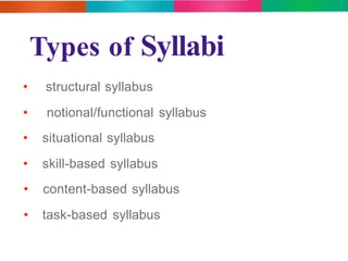 Types of Syllabi 
• structural syllabus 
• notional/functional syllabus 
• situational syllabus 
• skill-based syllabus 
• content-based syllabus 
• task-based syllabus 
 