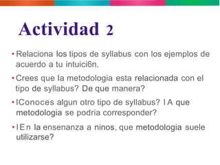 Actividad 2 
• Relaciona los tipos de syllabus con los ejemplos de 
acuerdo a tu intuici6n. 
•Crees que la metodologia esta relacionada con el 
tipo de syllabus? De que manera? 
• lConoces algun otro tipo de syllabus? l A que 
metodologia se podria corresponder? 
• lEn la ensenanza a ninos, que metodologia suele 
utilizarse? 
 