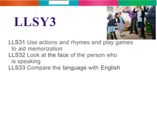 LLSY3 
LLS31 Use actions and rhymes and play games 
to aid memorization 
LLS32 Look at the face of the person who 
is speaking 
LLS33 Compare the language with English 
 