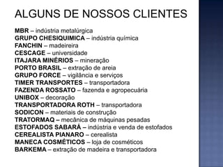 ALGUNS DE NOSSOS CLIENTES
MBR – indústria metalúrgica
GRUPO CHESIQUIMICA – indústria química
FANCHIN – madeireira
CESCAGE – universidade
ITAJARA MINÉRIOS – mineração
PORTO BRASIL – extração de areia
GRUPO FORCE – vigilância e serviços
TIMER TRANSPORTES – transportadora
FAZENDA ROSSATO – fazenda e agropecuária
UNIBOX – decoração
TRANSPORTADORA ROTH – transportadora
SODICON – materiais de construção
TRATORMAQ – mecânica de máquinas pesadas
ESTOFADOS SABARÁ – indústria e venda de estofados
CEREALISTA PIANARO – cerealista
MANECA COSMÉTICOS – loja de cosméticos
BARKEMA – extração de madeira e transportadora

 