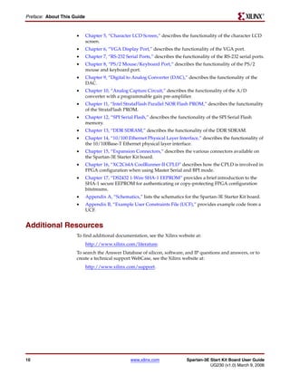 R

Preface: About This Guide


                     •      Chapter 5, “Character LCD Screen,” describes the functionality of the character LCD
                            screen.
                     •      Chapter 6, “VGA Display Port,” describes the functionality of the VGA port.
                     •      Chapter 7, “RS-232 Serial Ports,” describes the functionality of the RS-232 serial ports.
                     •      Chapter 8, “PS/2 Mouse/Keyboard Port,” describes the functionality of the PS/2
                            mouse and keyboard port.
                     •      Chapter 9, “Digital to Analog Converter (DAC),” describes the functionality of the
                            DAC.
                     •      Chapter 10, “Analog Capture Circuit,” describes the functionality of the A/D
                            converter with a programmable gain pre-amplifier.
                     •      Chapter 11, “Intel StrataFlash Parallel NOR Flash PROM,” describes the functionality
                            of the StrataFlash PROM.
                     •      Chapter 12, “SPI Serial Flash,” describes the functionality of the SPI Serial Flash
                            memory.
                     •      Chapter 13, “DDR SDRAM,” describes the functionality of the DDR SDRAM.
                     •      Chapter 14, “10/100 Ethernet Physical Layer Interface,” describes the functionality of
                            the 10/100Base-T Ethernet physical layer interface.
                     •      Chapter 15, “Expansion Connectors,” describes the various connectors available on
                            the Spartan-3E Starter Kit board.
                     •      Chapter 16, “XC2C64A CoolRunner-II CPLD” describes how the CPLD is involved in
                            FPGA configuration when using Master Serial and BPI mode.
                     •      Chapter 17, “DS2432 1-Wire SHA-1 EEPROM” provides a brief introduction to the
                            SHA-1 secure EEPROM for authenticating or copy-protecting FPGA configuration
                            bitstreams.
                     •      Appendix A, “Schematics,” lists the schematics for the Spartan-3E Starter Kit board.
                     •      Appendix B, “Example User Constraints File (UCF),” provides example code from a
                            UCF.


Additional Resources
                     To find additional documentation, see the Xilinx website at:
                            http://www.xilinx.com/literature.
                     To search the Answer Database of silicon, software, and IP questions and answers, or to
                     create a technical support WebCase, see the Xilinx website at:
                            http://www.xilinx.com/support.




10                                                www.xilinx.com              Spartan-3E Start Kit Board User Guide
                                                                                         UG230 (v1.0) March 9, 2006
 