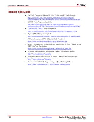 R

Chapter 12: SPI Serial Flash



Related Resources
                      •   XAPP445: Configuring Spartan-3E Xilinx FPGAs with SPI Flash Memories
                          http://www.xilinx.com/xlnx/xweb/xil_publications_display.jsp?category=
                          Application+Notes/FPGA+Features+and+Design/Configuration&show=xapp445.pdf
                      •   XSPI SPI Flash Programming Utility
                          http://www.xilinx.com/xlnx/xweb/xil_publications_display.jsp?category=
                          Application+Notes/FPGA+Features+and+Design/Configuration&show=xapp445.pdf
                      •   Xilinx Parallel Cable IV with Flying Leads
                          http://www.xilinx.com/xlnx/xebiz/productview.jsp?sGlobalNavPick=&category=-19314

                      •   Digilent JTAG3 Programming Cable
                          http://www.digilentinc.com/Products/Catalog.cfm?Nav1=Products&Nav2=Cables&Cat=Cable

                      •   STMicroelectronics M25P16 SPI Serial Flash Data Sheet
                          http://www.st.com/stonline/books/pdf/docs/10027.pdf
                      •   AN1579: Compatibility between the SO8 Package and the MLP Package for the
                          M25Pxx in Your Application
                          http://www.st.com/stonline/products/literature/an/9540.pdf
                      •   PicoBlaze SPI Serial Flash Programmer, via RS-232 (Reference Design)
                          http://www.xilinx.com/s3estarter
                      •   Using Serial Flash on the Spartan-3E Starter Kit Board (Reference Design)
                          http://www.xilinx.com/s3estarter
                      •   Universal Scan SPI Flash Programming via JTAG Training Video
                          http://www.ricreations.com/JTAG-Software-Downloads.htm




102                                              www.xilinx.com              Spartan-3E Starter Kit Board User Guide
                                                                                          UG230 (v1.0) March 9, 2006
 