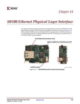 R




                                                                                         Chapter 14


10/100 Ethernet Physical Layer Interface
                        The Spartan-3E Starter Kit board includes a Standard Microsystems LAN83C185 10/100
                        Ethernet physical layer (PHY) interface and an RJ-45 connector, as shown in Figure 14-1.
                        With an Ethernet Media Access Controller (MAC) implemented in the FPGA, the board
                        can optionally connect to a standard Ethernet network. All timing is controlled from an
                        on-board 25 MHz crystal oscillator.

                                                  RJ-45 Ethernet Connector (J19)

                                                                     SMSC LAN83C185 10/100 Ethernet PHY




                                           25 MHz Crystal                                          UG230_c14_01_022706


                                          Figure 14-1: 10/100 Ethernet PHY with RJ-45 Connector




Spartan-3E Starter Kit Board User Guide            www.xilinx.com                                                   109
UG230 (v1.0) March 9, 2006
 