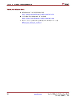 R

Chapter 16: XC2C64A CoolRunner-II CPLD



Related Resources
                    •   CoolRunner-II CPLD Family Data Sheet
                        http://direct.xilinx.com/bvdocs/publications/ds090.pdf
                    •   XC2C64A CoolRunner-II CPLD Data Sheet
                        http://direct.xilinx.com/bvdocs/publications/ds311.pdf
                    •   Default XC2C64A CPLD Design for Spartan-3E Starter Kit Board
                        http://www.xilinx.com/s3estarter




128                                         www.xilinx.com         Spartan-3E Starter Kit Board User Guide
                                                                                UG230 (v1.0) March 9, 2006
 