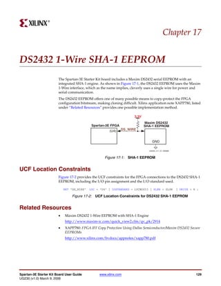 R




                                                                                              Chapter 17


DS2432 1-Wire SHA-1 EEPROM
                        The Spartan-3E Starter Kit board includes a Maxim DS2432 serial EEPROM with an
                        integrated SHA-1 engine. As shown in Figure 17-1, the DS2432 EEPROM uses the Maxim
                        1-Wire interface, which as the name implies, cleverly uses a single wire for power and
                        serial communication.
                        The DS2432 EEPROM offers one of many possible means to copy-protect the FPGA
                        configuration bitstream, making cloning difficult. Xilinx application note XAPP780, listed
                        under “Related Resources” provides one possible implementation method.

                                                                        3.3V
                                                                               Maxim DS2432
                                             Spartan-3E FPGA                   SHA-1 EEPROM
                                                        (U4)   DS_WIRE


                                                                                   GND

                                                                                 UG230_c17_01_030906


                                                     Figure 17-1: SHA-1 EEPROM


UCF Location Constraints
                        Figure 17-2 provides the UCF constraints for the FPGA connections to the DS2432 SHA-1
                        EEPROM, including the I/O pin assignment and the I/O standard used.

                            NET "DS_WIRE"   LOC = "U4" | IOSTANDARD = LVCMOS33 | SLEW = SLOW           | DRIVE = 8 ;

                                 Figure 17-2: UCF Location Constraints for DS2432 SHA-1 EEPROM


Related Resources
                        •   Maxim DS2432 1-Wire EEPROM with SHA-1 Engine
                            http://www.maxim-ic.com/quick_view2.cfm/qv_pk/2914
                        •   XAPP780: FPGA IFF Copy Protection Using Dallas Semiconductor/Maxim DS2432 Secure
                            EEPROMs
                            http://www.xilinx.com/bvdocs/appnotes/xapp780.pdf




Spartan-3E Starter Kit Board User Guide          www.xilinx.com                                                   129
UG230 (v1.0) March 9, 2006
 