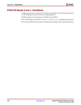 R

Appendix A: Schematics



FPGA I/O Banks 0 and 1, Oscillators
                    IC10B0 represents the connections to I/O Bank 0 on the FPGA. The VCCO input to Bank 0
                    is 3.3V by default, but can be set to 2.5V using jumper JP9.
                    IC10B1 represents the connections to I/O Bank 1 on the FPGA.
                    IC17 is the 50 MHz clock oscillator. Chapter 3, “Clock Sources,” for additional information.
                    IC16 is an 8-pin DIP socket to insert an alternate clock oscillator with a different frequency.




142                                            www.xilinx.com              Spartan-3E Start Kit Board User Guide
                                                                                      UG230 (v1.0) March 9, 2006
 