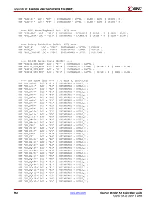 R

Appendix B: Example User Constraints File (UCF)


      NET "LED<6>"   LOC = "E9"   | IOSTANDARD = LVTTL          | SLEW = SLOW   | DRIVE = 8 ;
      NET "LED<7>"   LOC = "F9"   | IOSTANDARD = LVTTL          | SLEW = SLOW   | DRIVE = 8 ;


      # ==== PS/2 Mouse/Keyboard Port (PS2) ====
      NET "PS2_CLK" LOC = "G14" | IOSTANDARD = LVCMOS33             | DRIVE = 8   | SLEW = SLOW ;
      NET "PS2_DATA" LOC = "G13" | IOSTANDARD = LVCMOS33            | DRIVE = 8   | SLEW = SLOW ;


      # ==== Rotary Pushbutton Switch (ROT) ====
      NET "ROT_A"      LOC = "K18" | IOSTANDARD = LVTTL            | PULLUP ;
      NET "ROT_B"      LOC = "G18" | IOSTANDARD = LVTTL            | PULLUP ;
      NET "ROT_CENTER" LOC = "V16" | IOSTANDARD = LVTTL            | PULLDOWN ;


      # ==== RS-232 Serial   Ports   (RS232)   ====
      NET "RS232_DCE_RXD"    LOC =   "R7" |    IOSTANDARD   =   LVTTL ;
      NET "RS232_DCE_TXD"    LOC =   "M14" |   IOSTANDARD   =   LVTTL | DRIVE = 8    | SLEW = SLOW ;
      NET "RS232_DTE_RXD"    LOC =   "U8" |    IOSTANDARD   =   LVTTL ;
      NET "RS232_DTE_TXD"    LOC =   "M13" |   IOSTANDARD   =   LVTTL | DRIVE = 8    | SLEW = SLOW ;


      # ==== DDR SDRAM (SD)   ====    (I/O Bank 3, VCCO=2.5V)
      NET "SD_A<0>"   LOC =   "T1"   | IOSTANDARD = SSTL2_I ;
      NET "SD_A<1>"   LOC =   "R3"   | IOSTANDARD = SSTL2_I ;
      NET "SD_A<2>"   LOC =   "R2"   | IOSTANDARD = SSTL2_I ;
      NET "SD_A<3>"   LOC =   "P1"   | IOSTANDARD = SSTL2_I ;
      NET "SD_A<4>"   LOC =   "F4"   | IOSTANDARD = SSTL2_I ;
      NET "SD_A<5>"   LOC =   "H4"   | IOSTANDARD = SSTL2_I ;
      NET "SD_A<6>"   LOC =   "H3"   | IOSTANDARD = SSTL2_I ;
      NET "SD_A<7>"   LOC =   "H1"   | IOSTANDARD = SSTL2_I ;
      NET "SD_A<8>"   LOC =   "H2"   | IOSTANDARD = SSTL2_I ;
      NET "SD_A<9>"   LOC =   "N4"   | IOSTANDARD = SSTL2_I ;
      NET "SD_A<10>" LOC =    "T2"   | IOSTANDARD = SSTL2_I ;
      NET "SD_A<11>" LOC =    "N5"   | IOSTANDARD = SSTL2_I ;
      NET "SD_A<12>" LOC =    "P2"   | IOSTANDARD = SSTL2_I ;
      NET "SD_BA<0>" LOC =    "K5"   | IOSTANDARD = SSTL2_I ;
      NET "SD_BA<1>" LOC =    "K6"   | IOSTANDARD = SSTL2_I ;
      NET "SD_CAS"    LOC =   "C2"   | IOSTANDARD = SSTL2_I ;
      NET "SD_CK_N"   LOC =   "J4"   | IOSTANDARD = SSTL2_I ;
      NET "SD_CK_P"   LOC =   "J5"   | IOSTANDARD = SSTL2_I ;
      NET "SD_CKE"    LOC =   "K3"   | IOSTANDARD = SSTL2_I ;
      NET "SD_CS"     LOC =   "K4"   | IOSTANDARD = SSTL2_I ;
      NET "SD_DQ<0>" LOC =    "L2"   | IOSTANDARD = SSTL2_I ;
      NET "SD_DQ<1>" LOC =    "L1"   | IOSTANDARD = SSTL2_I ;
      NET "SD_DQ<2>" LOC =    "L3"   | IOSTANDARD = SSTL2_I ;
      NET "SD_DQ<3>" LOC =    "L4"   | IOSTANDARD = SSTL2_I ;
      NET "SD_DQ<4>" LOC =    "M3"   | IOSTANDARD = SSTL2_I ;
      NET "SD_DQ<5>" LOC =    "M4"   | IOSTANDARD = SSTL2_I ;
      NET "SD_DQ<6>" LOC =    "M5"   | IOSTANDARD = SSTL2_I ;
      NET "SD_DQ<7>" LOC =    "M6"   | IOSTANDARD = SSTL2_I ;
      NET "SD_DQ<8>" LOC =    "E2"   | IOSTANDARD = SSTL2_I ;
      NET "SD_DQ<9>" LOC =    "E1"   | IOSTANDARD = SSTL2_I ;
      NET "SD_DQ<10>" LOC =   "F1"   | IOSTANDARD = SSTL2_I ;
      NET "SD_DQ<11>" LOC =   "F2"   | IOSTANDARD = SSTL2_I ;
      NET "SD_DQ<12>" LOC =   "G6"   | IOSTANDARD = SSTL2_I ;
      NET "SD_DQ<13>" LOC =   "G5"   | IOSTANDARD = SSTL2_I ;
      NET "SD_DQ<14>" LOC =   "H6"   | IOSTANDARD = SSTL2_I ;
      NET "SD_DQ<15>" LOC =   "H5"   | IOSTANDARD = SSTL2_I ;




162                                              www.xilinx.com            Spartan-3E Start Kit Board User Guide
                                                                                      UG230 (v1.0) March 9, 2006
 