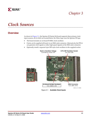 R




                                                                                              Chapter 3


Clock Sources
Overview
                        As shown in Figure 3-1, the Spartan-3E Starter Kit board supports three primary clock
                        input sources, all of which are located below the Xilinx logo, near the Spartan-3E logo.
                        •   The board includes an on-board 50 MHz clock oscillator.
                        •   Clocks can be supplied off-board via an SMA-style connector. Alternatively, the FPGA
                            can generate clock signals or other high-speed signals on the SMA-style connector.
                        •   Optionally install a separate 8-pin DIP-style clock oscillator in the supplied socket.

                                                 Bank 0, Oscillator Voltage      8-Pin DIP Oscillator Socket
                                                   Controlled by Jumper JP9              CLK_AUX: (B8)




                                                     On-Board 50 MHz Oscillator              SMA Connector
                                                            CLK_50MHz: (C9)                   CLK_SMA: (A10)
                                                                                                         UG230_c3_01_030306


                                                   Figure 3-1: Available Clock Inputs




Spartan-3E Starter Kit Board User Guide           www.xilinx.com                                                              21
UG230 (v1.0) March 9, 2006
 