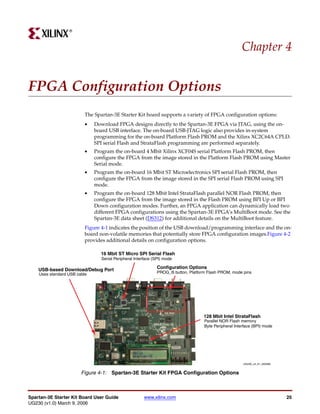 R




                                                                                                       Chapter 4


FPGA Configuration Options
                          The Spartan-3E Starter Kit board supports a variety of FPGA configuration options:
                          •   Download FPGA designs directly to the Spartan-3E FPGA via JTAG, using the on-
                              board USB interface. The on-board USB-JTAG logic also provides in-system
                              programming for the on-board Platform Flash PROM and the Xilinx XC2C64A CPLD.
                              SPI serial Flash and StrataFlash programming are performed separately.
                          •   Program the on-board 4 Mbit Xilinx XCF04S serial Platform Flash PROM, then
                              configure the FPGA from the image stored in the Platform Flash PROM using Master
                              Serial mode.
                          •   Program the on-board 16 Mbit ST Microelectronics SPI serial Flash PROM, then
                              configure the FPGA from the image stored in the SPI serial Flash PROM using SPI
                              mode.
                          •   Program the on-board 128 Mbit Intel StrataFlash parallel NOR Flash PROM, then
                              configure the FPGA from the image stored in the Flash PROM using BPI Up or BPI
                              Down configuration modes. Further, an FPGA application can dynamically load two
                              different FPGA configurations using the Spartan-3E FPGA’s MultiBoot mode. See the
                              Spartan-3E data sheet (DS312) for additional details on the MultiBoot feature.
                          Figure 4-1 indicates the position of the USB download/programming interface and the on-
                          board non-volatile memories that potentially store FPGA configuration images.Figure 4-2
                          provides additional details on configuration options.

                                16 Mbit ST Micro SPI Serial Flash
                                 Serial Peripheral Interface (SPI) mode

    USB-based Download/Debug Port                             Configuration Options
    Uses standard USB cable                                   PROG_B button, Platform Flash PROM, mode pins




                                                                                    128 Mbit Intel StrataFlash
                                                                                    Parallel NOR Flash memory
                                                                                    Byte Peripheral Interface (BPI) mode




                                                                                                        UG230_c4_01_022006


                        Figure 4-1: Spartan-3E Starter Kit FPGA Configuration Options



Spartan-3E Starter Kit Board User Guide                 www.xilinx.com                                                       25
UG230 (v1.0) March 9, 2006
 