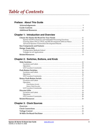 Table of Contents

        Preface: About This Guide
               Acknowledgements . . . . . . . . . . . . . . . . . . . . . . . . . . . . . . . . . . . . . . . . . . . . . . . . . . . . . . . . . . 9
               Guide Contents . . . . . . . . . . . . . . . . . . . . . . . . . . . . . . . . . . . . . . . . . . . . . . . . . . . . . . . . . . . . . . 9
               Additional Resources . . . . . . . . . . . . . . . . . . . . . . . . . . . . . . . . . . . . . . . . . . . . . . . . . . . . . . . 10

        Chapter 1: Introduction and Overview
               Choose the Starter Kit Board for Your Needs. . . . . . . . . . . . . . . . . . . . . . . . . . . . . . . . . 11
                       Spartan-3E FPGA Features and Embedded Processing Functions . . . . . . . . . . . . . . . . 11
                       Learning Xilinx FPGA, CPLD, and ISE Development Software Basics . . . . . . . . . . . . 11
                       Advanced Spartan-3 Generation Development Boards . . . . . . . . . . . . . . . . . . . . . . . . . 11
               Key Components and Features . . . . . . . . . . . . . . . . . . . . . . . . . . . . . . . . . . . . . . . . . . . . . . 12
               Design Trade-Offs . . . . . . . . . . . . . . . . . . . . . . . . . . . . . . . . . . . . . . . . . . . . . . . . . . . . . . . . . . 13
                       Configuration Methods Galore! . . . . . . . . . . . . . . . . . . . . . . . . . . . . . . . . . . . . . . . . . . . . . 13
                       Voltages for all Applications . . . . . . . . . . . . . . . . . . . . . . . . . . . . . . . . . . . . . . . . . . . . . . . 13
               Related Resources . . . . . . . . . . . . . . . . . . . . . . . . . . . . . . . . . . . . . . . . . . . . . . . . . . . . . . . . . . . 13

        Chapter 2: Switches, Buttons, and Knob
               Slide Switches . . . . . . . . . . . . . . . . . . . . . . . . . . . . . . . . . . . . . . . . . . . . . . . . . . . . . . . . . . . . . . 15
                       Locations and Labels . . . . . . . . . . . . . . . . . . . . . . . . . . . . . . . . . . . . . . . . . . . . . . . . . . . . . . 15
                       Operation. . . . . . . . . . . . . . . . . . . . . . . . . . . . . . . . . . . . . . . . . . . . . . . . . . . . . . . . . . . . . . . . 15
                       UCF Location Constraints. . . . . . . . . . . . . . . . . . . . . . . . . . . . . . . . . . . . . . . . . . . . . . . . . . 15
               Push-Button Switches . . . . . . . . . . . . . . . . . . . . . . . . . . . . . . . . . . . . . . . . . . . . . . . . . . . . . . . 16
                       Locations and Labels . . . . . . . . . . . . . . . . . . . . . . . . . . . . . . . . . . . . . . . . . . . . . . . . . . . . . . 16
                       Operation. . . . . . . . . . . . . . . . . . . . . . . . . . . . . . . . . . . . . . . . . . . . . . . . . . . . . . . . . . . . . . . . 16
                       UCF Location Constraints. . . . . . . . . . . . . . . . . . . . . . . . . . . . . . . . . . . . . . . . . . . . . . . . . . 17
               Rotary Push-Button Switch . . . . . . . . . . . . . . . . . . . . . . . . . . . . . . . . . . . . . . . . . . . . . . . . . . 17
                       Locations and Labels . . . . . . . . . . . . . . . . . . . . . . . . . . . . . . . . . . . . . . . . . . . . . . . . . . . . . .           17
                       Operation. . . . . . . . . . . . . . . . . . . . . . . . . . . . . . . . . . . . . . . . . . . . . . . . . . . . . . . . . . . . . . . .   17
                           Push-Button Switch . . . . . . . . . . . . . . . . . . . . . . . . . . . . . . . . . . . . . . . . . . . . . . . . . . . .             17
                           Rotary Shaft Encoder . . . . . . . . . . . . . . . . . . . . . . . . . . . . . . . . . . . . . . . . . . . . . . . . . . .             18
                       UCF Location Constraints. . . . . . . . . . . . . . . . . . . . . . . . . . . . . . . . . . . . . . . . . . . . . . . . . .                19
               Discrete LEDs . . . . . . . . . . . . . . . . . . . . . . . . . . . . . . . . . . . . . . . . . . . . . . . . . . . . . . . . . . . . . . . 19
                       Locations and Labels . . . . . . . . . . . . . . . . . . . . . . . . . . . . . . . . . . . . . . . . . . . . . . . . . . . . . . 19
                       Operation. . . . . . . . . . . . . . . . . . . . . . . . . . . . . . . . . . . . . . . . . . . . . . . . . . . . . . . . . . . . . . . . 20
                       UCF Location Constraints. . . . . . . . . . . . . . . . . . . . . . . . . . . . . . . . . . . . . . . . . . . . . . . . . . 20
               Related Resources . . . . . . . . . . . . . . . . . . . . . . . . . . . . . . . . . . . . . . . . . . . . . . . . . . . . . . . . . . . 20

        Chapter 3: Clock Sources
               Overview . . . . . . . . . . . . . . . . . . . . . . . . . . . . . . . . . . . . . . . . . . . . . . . . . . . . . . . . . . . . . . . . . . .     21
               Clock Connections . . . . . . . . . . . . . . . . . . . . . . . . . . . . . . . . . . . . . . . . . . . . . . . . . . . . . . . . . .              22
               Voltage Control . . . . . . . . . . . . . . . . . . . . . . . . . . . . . . . . . . . . . . . . . . . . . . . . . . . . . . . . . . . . .          22
               50 MHz On-Board Oscillator . . . . . . . . . . . . . . . . . . . . . . . . . . . . . . . . . . . . . . . . . . . . . . . .                         22




Spartan-3E Starter Kit Board User Guide                                 www.xilinx.com                                                                                 3
UG230 (v1.0) March 9, 2006
 