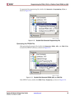 R

                                              Programming the FPGA, CPLD, or Platform Flash PROM via USB



                        To regenerate the programming file, double-click Generate Programming File, as
                        shown in Figure 4-12.




                                                                                UG230_c4_13_022706


                                          Figure 4-12: Double-Click Generate Programming File

                  Generating the PROM File
                        After generating the program file, double-click Generate PROM, ACE, or JTAG File
                        to launch the iMPACT software, as shown in Figure 4-13.




                                                                                UG230_c4_14_022706


                                    Figure 4-13: Double-Click Generate PROM, ACE, or JTAG File
                        After iMPACT starts, double-click PROM File Formatter, as shown in Figure 4-14.




Spartan-3E Starter Kit Board User Guide           www.xilinx.com                                          33
UG230 (v1.0) March 9, 2006
 