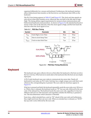 R

Chapter 8: PS/2 Mouse/Keyboard Port


                     organized differently for a mouse and keyboard. Furthermore, the keyboard interface
                     allows bidirectional data transfers so the host device can illuminate state LEDs on the
                     keyboard.
                     The PS/2 bus timing appears in Table 8-2 and Figure 8-2. The clock and data signals are
                     only driven when data transfers occur; otherwise they are held in the idle state at logic
                     High. The timing defines signal requirements for mouse-to-host communications and
                     bidirectional keyboard communications. As shown in Figure 8-2, the attached keyboard or
                     mouse writes a bit on the data line when the clock signal is High, and the host reads the
                     data line when the clock signal is Low.

                     Table 8-2: PS/2 Bus Timing
                      Symbol                     Parameter                             Min                  Max
                        TCK      Clock High or Low Time                               30 μs                 50 μs
                        TSU      Data-to-clock Setup Time                             5 μs                  25 μs
                       THLD      Clock-to-data Hold Time                               5 μs                 25 μs


                                                                      TCK TCK
                                                     Edge 0                                 Edge 10

                                       CLK (PS2C)
                                                                      THLD
                                                      TSU
                                       DATA (PS2D)


                                                                                '1' stop bit
                                                             '0' start bit
                                                                                       UG230_c8_02_021806

                                            Figure 8-2: PS/2 Bus Timing Waveforms


Keyboard
                     The keyboard uses open-collector drivers so that either the keyboard or the host can drive
                     the two-wire bus. If the host never sends data to the keyboard, then the host can use simple
                     input pins.
                     A PS/2-style keyboard uses scan codes to communicate key press data. Nearly all
                     keyboards in use today are PS/2 style. Each key has a single, unique scan code that is sent
                     whenever the corresponding key is pressed. The scan codes for most keys appear in
                     Figure 8-3.
                     If the key is pressed and held, the keyboard repeatedly sends the scan code every 100 ms or
                     so. When a key is released, the keyboard sends an “F0” key-up code, followed by the scan
                     code of the released key. The keyboard sends the same scan code, regardless if a key has
                     different shift and non-shift characters and regardless whether the Shift key is pressed or
                     not. The host determines which character is intended.
                     Some keys, called extended keys, send an “E0” ahead of the scan code and furthermore,
                     they might send more than one scan code. When an extended key is released, an “E0 F0”
                     key-up code is sent, followed by the scan code.




62                                             www.xilinx.com                Spartan-3E Starter Kit Board User Guide
                                                                                          UG230 (v1.0) March 9, 2006
 