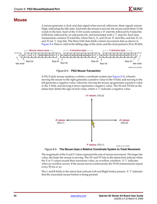 R

Chapter 8: PS/2 Mouse/Keyboard Port



Mouse
                             A mouse generates a clock and data signal when moved; otherwise, these signals remain
                             High, indicating the Idle state. Each time the mouse is moved, the mouse sends three 11-bit
                             words to the host. Each of the 11-bit words contains a ‘0’ start bit, followed by 8 data bits
                             (LSB first), followed by an odd parity bit, and terminated with a ‘1’ stop bit. Each data
                             transmission contains 33 total bits, where bits 0, 11, and 22 are ‘0’ start bits, and bits 10, 21,
                             and 32 are ‘1’ stop bits. The three 8-bit data fields contain movement data as shown in
                             Figure 8-4. Data is valid at the falling edge of the clock, and the clock period is 20 to 30 kHz.

                  Mouse status byte                           X direction byte                              Y direction byte

     1   0    L   R   0   1 XS YS XV YV P    1     0 X0 X1 X2 X3 X4 X5 X6 X7 P             1     0 Y0 Y1 Y2 Y3 Y4 Y5 Y6 Y7 P                 1

              Start bit                Stop bit                                      Stop bit                                Stop bit
 Idle state                                       Start bit                                     Start bit                               Idle state
                                                                                                                                  UG230_c8_04_021806

                                            Figure 8-4: PS/2 Mouse Transaction

                             A PS/2-style mouse employs a relative coordinate system (see Figure 8-5), wherein
                             moving the mouse to the right generates a positive value in the X field, and moving to the
                             left generates a negative value. Likewise, moving the mouse up generates a positive value
                             in the Y field, and moving it down represents a negative value. The XS and YS bits in the
                             status byte define the sign of each value, where a ‘1’ indicates a negative value.

                                                                             +Y values (YS=0)




                                          -X values                                                                  +X values
                                            (XS=1)                                                                    (XS=0)




                                                                                 -Y values (YS=1)                 UG230_c8_05_021806

                                Figure 8-5: The Mouse Uses a Relative Coordinate System to Track Movement
                             The magnitude of the X and Y values represent the rate of mouse movement. The larger the
                             value, the faster the mouse is moving. The XV and YV bits in the status byte indicate when
                             the X or Y values exceed their maximum value, an overflow condition. A ‘1’ indicates
                             when an overflow occurs. If the mouse moves continuously, the 33-bit transmissions repeat
                             every 50 ms or so.
                             The L and R fields in the status byte indicate Left and Right button presses. A ‘1’ indicates
                             that the associated mouse button is being pressed.




64                                                            www.xilinx.com                    Spartan-3E Starter Kit Board User Guide
                                                                                                             UG230 (v1.0) March 9, 2006
 