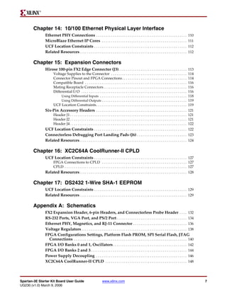 R




        Chapter 14: 10/100 Ethernet Physical Layer Interface
                Ethernet PHY Connections . . . . . . . . . . . . . . . . . . . . . . . . . . . . . . . . . . . . . . . . . . . . . . . . .                   110
                MicroBlaze Ethernet IP Cores . . . . . . . . . . . . . . . . . . . . . . . . . . . . . . . . . . . . . . . . . . . . . .                     111
                UCF Location Constraints . . . . . . . . . . . . . . . . . . . . . . . . . . . . . . . . . . . . . . . . . . . . . . . . . .                 112
                Related Resources . . . . . . . . . . . . . . . . . . . . . . . . . . . . . . . . . . . . . . . . . . . . . . . . . . . . . . . . . .        112

        Chapter 15: Expansion Connectors
                Hirose 100-pin FX2 Edge Connector (J3) . . . . . . . . . . . . . . . . . . . . . . . . . . . . . . . . . . . . . 113
                       Voltage Supplies to the Connector . . . . . . . . . . . . . . . . . . . . . . . . . . . . . . . . . . . . . . . . .                   114
                       Connector Pinout and FPGA Connections . . . . . . . . . . . . . . . . . . . . . . . . . . . . . . . . . . .                           114
                       Compatible Board . . . . . . . . . . . . . . . . . . . . . . . . . . . . . . . . . . . . . . . . . . . . . . . . . . . . . . .        116
                       Mating Receptacle Connectors . . . . . . . . . . . . . . . . . . . . . . . . . . . . . . . . . . . . . . . . . . . . .                116
                       Differential I/O . . . . . . . . . . . . . . . . . . . . . . . . . . . . . . . . . . . . . . . . . . . . . . . . . . . . . . . . .    116
                            Using Differential Inputs . . . . . . . . . . . . . . . . . . . . . . . . . . . . . . . . . . . . . . . . . . . . . . .          118
                            Using Differential Outputs . . . . . . . . . . . . . . . . . . . . . . . . . . . . . . . . . . . . . . . . . . . . . .           119
                       UCF Location Constraints. . . . . . . . . . . . . . . . . . . . . . . . . . . . . . . . . . . . . . . . . . . . . . . . .             119
                Six-Pin Accessory Headers . . . . . . . . . . . . . . . . . . . . . . . . . . . . . . . . . . . . . . . . . . . . . . . . . 121
                       Header J1 . . . . . . . . . . . . . . . . . . . . . . . . . . . . . . . . . . . . . . . . . . . . . . . . . . . . . . . . . . . . . . . 121
                       Header J2 . . . . . . . . . . . . . . . . . . . . . . . . . . . . . . . . . . . . . . . . . . . . . . . . . . . . . . . . . . . . . . . 121
                       Header J4 . . . . . . . . . . . . . . . . . . . . . . . . . . . . . . . . . . . . . . . . . . . . . . . . . . . . . . . . . . . . . . . 122
                UCF Location Constraints . . . . . . . . . . . . . . . . . . . . . . . . . . . . . . . . . . . . . . . . . . . . . . . . . . 122
                Connectorless Debugging Port Landing Pads (J6) . . . . . . . . . . . . . . . . . . . . . . . . . . . 123
                Related Resources . . . . . . . . . . . . . . . . . . . . . . . . . . . . . . . . . . . . . . . . . . . . . . . . . . . . . . . . . . 124

        Chapter 16: XC2C64A CoolRunner-II CPLD
                UCF Location Constraints . . . . . . . . . . . . . . . . . . . . . . . . . . . . . . . . . . . . . . . . . . . . . . . . . . 127
                       FPGA Connections to CPLD . . . . . . . . . . . . . . . . . . . . . . . . . . . . . . . . . . . . . . . . . . . . . . 127
                       CPLD . . . . . . . . . . . . . . . . . . . . . . . . . . . . . . . . . . . . . . . . . . . . . . . . . . . . . . . . . . . . . . . . . . 127
                Related Resources . . . . . . . . . . . . . . . . . . . . . . . . . . . . . . . . . . . . . . . . . . . . . . . . . . . . . . . . . . 128

        Chapter 17: DS2432 1-Wire SHA-1 EEPROM
                UCF Location Constraints . . . . . . . . . . . . . . . . . . . . . . . . . . . . . . . . . . . . . . . . . . . . . . . . . . 129
                Related Resources . . . . . . . . . . . . . . . . . . . . . . . . . . . . . . . . . . . . . . . . . . . . . . . . . . . . . . . . . . 129

        Appendix A: Schematics
                FX2 Expansion Header, 6-pin Headers, and Connectorless Probe Header . . . . 132
                RS-232 Ports, VGA Port, and PS/2 Port . . . . . . . . . . . . . . . . . . . . . . . . . . . . . . . . . . . . . . 134
                Ethernet PHY, Magnetics, and RJ-11 Connector . . . . . . . . . . . . . . . . . . . . . . . . . . . . . 136
                Voltage Regulators . . . . . . . . . . . . . . . . . . . . . . . . . . . . . . . . . . . . . . . . . . . . . . . . . . . . . . . . . 138
                FPGA Configurations Settings, Platform Flash PROM, SPI Serial Flash, JTAG
                  Connections . . . . . . . . . . . . . . . . . . . . . . . . . . . . . . . . . . . . . . . . . . . . . . . . . . . . . . . . . . . . . 140
                FPGA I/O Banks 0 and 1, Oscillators . . . . . . . . . . . . . . . . . . . . . . . . . . . . . . . . . . . . . . . . 142
                FPGA I/O Banks 2 and 3 . . . . . . . . . . . . . . . . . . . . . . . . . . . . . . . . . . . . . . . . . . . . . . . . . . . . 144
                Power Supply Decoupling . . . . . . . . . . . . . . . . . . . . . . . . . . . . . . . . . . . . . . . . . . . . . . . . . 146
                XC2C64A CoolRunner-II CPLD . . . . . . . . . . . . . . . . . . . . . . . . . . . . . . . . . . . . . . . . . . . . 148



Spartan-3E Starter Kit Board User Guide                                www.xilinx.com                                                                                 7
UG230 (v1.0) March 9, 2006
 