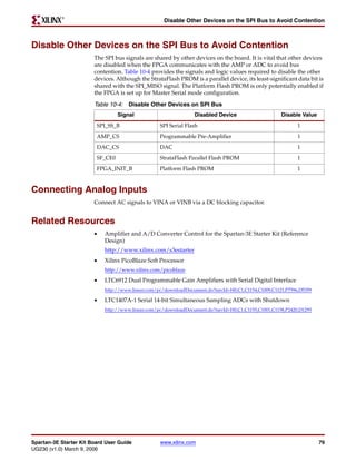 R

                                                    Disable Other Devices on the SPI Bus to Avoid Contention



Disable Other Devices on the SPI Bus to Avoid Contention
                        The SPI bus signals are shared by other devices on the board. It is vital that other devices
                        are disabled when the FPGA communicates with the AMP or ADC to avoid bus
                        contention. Table 10-4 provides the signals and logic values required to disable the other
                        devices. Although the StrataFlash PROM is a parallel device, its least-significant data bit is
                        shared with the SPI_MISO signal. The Platform Flash PROM is only potentially enabled if
                        the FPGA is set up for Master Serial mode configuration.

                        Table 10-4: Disable Other Devices on SPI Bus
                                  Signal                         Disabled Device                     Disable Value
                         SPI_SS_B                  SPI Serial Flash                                         1
                         AMP_CS                    Programmable Pre-Amplifier                               1
                         DAC_CS                    DAC                                                      1
                         SF_CE0                    StrataFlash Parallel Flash PROM                          1
                         FPGA_INIT_B              Platform Flash PROM                                       1



Connecting Analog Inputs
                        Connect AC signals to VINA or VINB via a DC blocking capacitor.


Related Resources
                        •   Amplifier and A/D Converter Control for the Spartan-3E Starter Kit (Reference
                            Design)
                            http://www.xilinx.com/s3estarter
                        •   Xilinx PicoBlaze Soft Processor
                            http://www.xilinx.com/picoblaze
                        •   LTC6912 Dual Programmable Gain Amplifiers with Serial Digital Interface
                            http://www.linear.com/pc/downloadDocument.do?navId=H0,C1,C1154,C1009,C1121,P7596,D5359

                        •   LTC1407A-1 Serial 14-bit Simultaneous Sampling ADCs with Shutdown
                            http://www.linear.com/pc/downloadDocument.do?navId=H0,C1,C1155,C1001,C1158,P2420,D1295




Spartan-3E Starter Kit Board User Guide            www.xilinx.com                                                    79
UG230 (v1.0) March 9, 2006
 