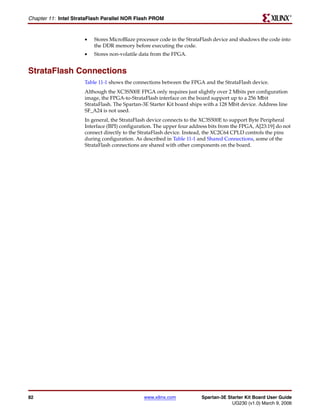 R

Chapter 11: Intel StrataFlash Parallel NOR Flash PROM


                      •   Stores MicroBlaze processor code in the StrataFlash device and shadows the code into
                          the DDR memory before executing the code.
                      •   Stores non-volatile data from the FPGA.


StrataFlash Connections
                      Table 11-1 shows the connections between the FPGA and the StrataFlash device.
                      Although the XC3S500E FPGA only requires just slightly over 2 Mbits per configuration
                      image, the FPGA-to-StrataFlash interface on the board support up to a 256 Mbit
                      StrataFlash. The Spartan-3E Starter Kit board ships with a 128 Mbit device. Address line
                      SF_A24 is not used.
                      In general, the StrataFlash device connects to the XC3S500E to support Byte Peripheral
                      Interface (BPI) configuration. The upper four address bits from the FPGA, A[23:19] do not
                      connect directly to the StrataFlash device. Instead, the XC2C64 CPLD controls the pins
                      during configuration. As described in Table 11-1 and Shared Connections, some of the
                      StrataFlash connections are shared with other components on the board.




82                                             www.xilinx.com           Spartan-3E Starter Kit Board User Guide
                                                                                     UG230 (v1.0) March 9, 2006
 