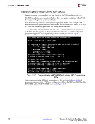 R

Chapter 12: SPI Serial Flash



                 Programming the SPI Flash with the XSPI Software
                      Open a command prompt or DOS box and change to the XSPI installation directory.
                      The XSPI installation software also includes a short user guide, in addition to XAPP445.
                      Type xspi at the prompt to view quick help.
                      Type the following command at the prompt to program the SPI Flash using the SPI-
                      formatted Flash file generated earlier. This verifies that the SPI Flash is indeed an M25P16
                      SPI Flash and then erases, programs, and finally verifies the Flash.
                          C:xspi>xspi -spi_dev m25p16 -spi_epv -mcs -i MySPIFlash.mcs -o output.txt

                      A disclaimer notice appears on the screen. Press the Enter key to continue. The entire
                      programming process takes slightly longer than a minute, as shown in Figure 12-17.

                          -==< Press ENTER to accept notice and continue >==-

                          Start    : Mon Feb 27 13:37:07 2006

                          ==> Checking SPI device [STMicro_M25P16_ver_00100] ID code(s)
                              - density = [2097152] bytes
                                        = [16777216] bits
                              - mfg_code = [0x20]
                              - memory_type = [0x20]
                              - density_code = [0x15]
                          +-----------------------------------------+
                          | Device ID code(s) check ====>   [ OK ] |
                          +-----------------------------------------+
                          => Operation: Erase
                          => Operation: Program and Verify using file [MySPIFlash.mcs]
                          Programmed [283776] of [283776] bytes (w/ polling)
                          Verified   [283776] of [283776] bytes (0 errors)

                          --> Total byte mismatches [0] (see [temp.txt])
                          Finish : Mon Feb 27 13:38:22 2006
                          Elapsed clock time (00:01:15) = 75 seconds

                         Figure 12-17: Programming the M25P16 SPI Flash with the XSPI Programming
                                                          Utility

                      After programming the SPI Flash, remove jumper JP8, as shown in Figure 12-16a. If
                      properly programmed, the FPGA then configures itself from the SPI Flash PROM and the
                      DONE LED lights. The DONE LED is shown in Figure 12-3.




98                                              www.xilinx.com            Spartan-3E Starter Kit Board User Guide
                                                                                       UG230 (v1.0) March 9, 2006
 