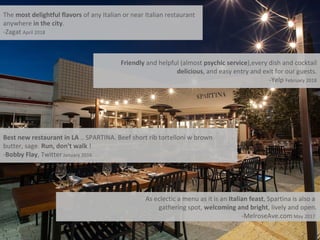 The most delightful flavors of any Italian or near Italian restaurant
anywhere in the city.
-Zagat April 2018
Best new restaurant in LA .. SPARTINA. Beef short rib tortelloni w brown
butter, sage. Run, don't walk !
-Bobby Flay, Twitter January 2016
Friendly and helpful (almost psychic service),every dish and cocktail
delicious, and easy entry and exit for our guests.
-Yelp February 2018
As eclectic a menu as it is an Italian feast, Spartina is also a
gathering spot, welcoming and bright, lively and open.
-MelroseAve.com May 2017
 