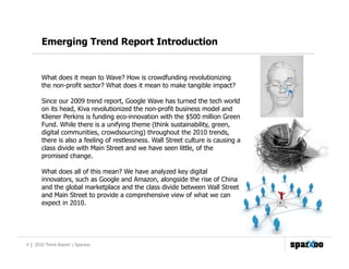 Emerging Trend Report Introduction


       What does it mean to Wave? How is crowdfunding revolutionizing
       the non-...