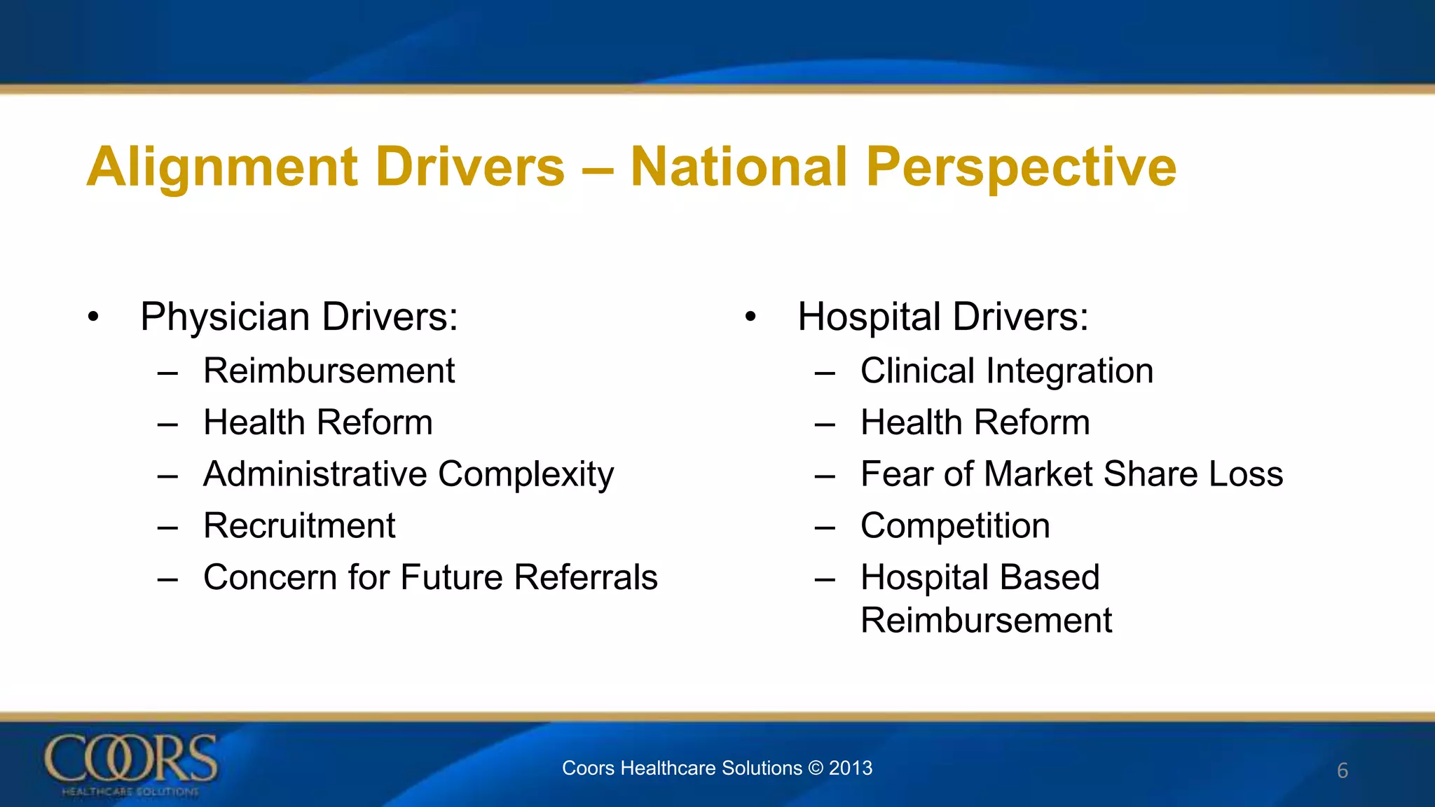 Alignment Drivers – National Perspective
• Physician Drivers:
– Reimbursement
– Health Reform
– Administrative Complexity
– Recruitment
– Concern for Future Referrals
• Hospital Drivers:
– Clinical Integration
– Health Reform
– Fear of Market Share Loss
– Competition
– Hospital Based
Reimbursement
6Coors Healthcare Solutions © 2013
 