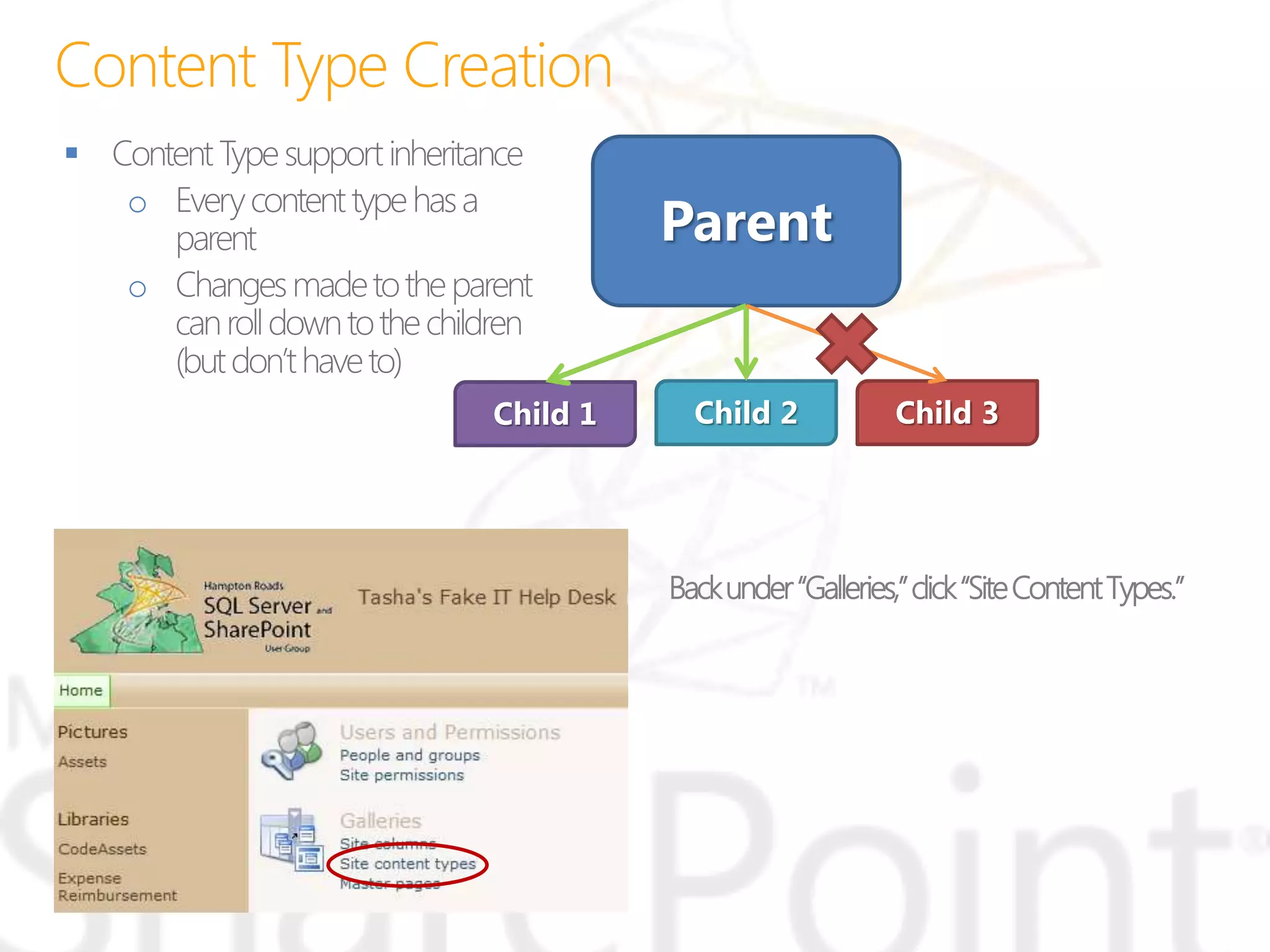 
o
o
Parent
Child 1 Child 2 Child 3
Backunder“Galleries,”click“SiteContentTypes.”
 