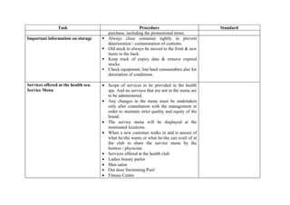 Task                                        Procedure                        Standard
                                          purchase, including the promotional items.
Important information on storage         Always close container tightly to prevent
                                          deterioration / contamination of contents.
                                         Old stock to always be moved to the front & new
                                          items to the back.
                                         Keep track of expiry date & remove expired
                                          stocks.
                                         Check equipment, line hard consumables also for
                                          detoriation of conditions.

Services offered at the health sea.   • Scope of services to be provided in the health
Service Menu                            spa. And no services that are not in the menu are
                                        to be administered.
                                      • Any changes in the menu must be undertaken
                                        only after consultation with the management in
                                        order to maintain strict quality and equity of the
                                        brand.
                                      • The service menu will be displayed at the
                                        nominated locations.
                                      • When a new customer walks in and is unsure of
                                        what he/she wants or what he/she can avail of at
                                        the club to share the service menu by the
                                        hostess / physician.
                                      • Services offered at the health club
                                      • Ladies beauty parlor
                                      • Men salon
                                      • Out door Swimming Pool
                                      • Fitness Centre
 
