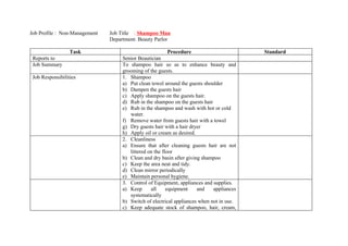 Job Profile : Non-Management   Job Title : Shampoo Man
                               Department: Beauty Parlor

                  Task                                  Procedure                         Standard
 Reports to                         Senior Beautician
 Job Summary                        To shampoo hair so as to enhance beauty and
                                    grooming of the guests.
 Job Responsibilities               1. Shampoo
                                    a) Put clean towel around the guests shoulder
                                    b) Dampen the guests hair
                                    c) Apply shampoo on the guests hair.
                                    d) Rub in the shampoo on the guests hair
                                    e) Rub in the shampoo and wash with hot or cold
                                       water.
                                    f) Remove water from guests hair with a towel
                                    g) Dry guests hair with a hair dryer
                                    h) Apply oil or cream as desired.
                                    2. Cleanliness
                                    a) Ensure that after cleaning guests hair are not
                                       littered on the floor
                                    b) Clean and dry basin after giving shampoo
                                    c) Keep the area neat and tidy.
                                    d) Clean mirror periodically
                                    e) Maintain personal hygiene.
                                    3. Control of Equipment, appliances and supplies.
                                    a) Keep      all     equipment    and    appliances
                                       systematically
                                    b) Switch of electrical appliances when not in use.
                                    c) Keep adequate stock of shampoo, hair, cream,
 