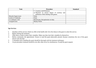 Task                                       Procedure                               Standard
                                       5. Courtesy and Politeness
                                       a) Maintain an utmost degree of courtesy and
                                          politeness while dealing with guests.
 Directly Supervisors                  None
 Limits of Authority                   None
 Co-ordinates with                     Beauticians, Receptionists on duty
 Assigned area                         Beauty Parlor



Spa Services

I.    Introduce all the services which we offer in the health club. Give the choice to the guest to select the service.
2.    Before starting the treatment.
3.    Offer them a locker to place their valuables. Make sure they lock their valuables by themselves.
4.    Before community the appointment. Ensure to need the guest physically present, because sometimes the size of the guest
      doesn't suite the bed.
5.    A attendant who's handling the guest should be thorough with the treatment techniques.
6.    As per procedure treatment should be one after other never be simultaneous. Except the guest sequent.
 