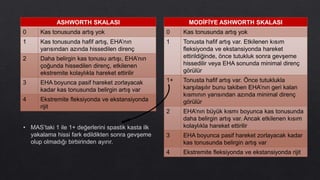 MODİFİYE ASHWORTH SKALASI
0 Kas tonusunda artış yok
1 Tonusta hafif artış var. Etkilenen kısım
fleksiyonda ve ekstansiyonda hareket
ettirildiğinde, önce tutukluk sonra gevşeme
hissedilir veya EHA sonunda minimal direnç
görülür
1+ Tonusta hafif artış var. Önce tutuklukla
karşılaşılır bunu takiben EHA’nın geri kalan
kısmının yarısından azında minimal direnç
görülür
2 EHA’nın büyük kısmı boyunca kas tonusunda
daha belirgin artış var. Ancak etkilenen kısım
kolaylıkla hareket ettirilir
3 EHA boyunca pasif hareket zorlayacak kadar
kas tonusunda belirgin artış var
4 Ekstremite fleksiyonda ve ekstansiyonda rijit
ASHWORTH SKALASI
0 Kas tonusunda artış yok
1 Kas tonusunda hafif artış, EHA’nın
yarısından azında hissedilen direnç
2 Daha belirgin kas tonusu artışı, EHA’nın
çoğunda hissedilen direnç, etkilenen
ekstremite kolaylıkla hareket ettirilir
3 EHA boyunca pasif hareket zorlayacak
kadar kas tonusunda belirgin artış var
4 Ekstremite fleksiyonda ve ekstansiyonda
rijit
• MAS’taki 1 ile 1+ değerlerini spastik kasta ilk
yakalama hissi fark edildikten sonra gevşeme
olup olmadığı birbirinden ayırır.
 