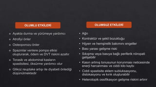 • Ağrı
• Kontraktür ve şekil bozukluğu
• Hijyen ve hemşirelik bakımını engeller
• Bası yarası gelişme riski
• Sıkışma veya basıya bağlı periferik nöropati
gelişebilir
• Kasın artmış tonusunun korunması neticesinde
enerji harcanması ve ciddi kilo kaybı
• Ciddi spastisite eklem subluksasyonu,
dislokasyonu ve kırık oluşturabilir
• Heterotopik ossifikasyon gelişme riskini artırır
OLUMLU ETKİLERİ OLUMSUZ ETKİLERİ
 