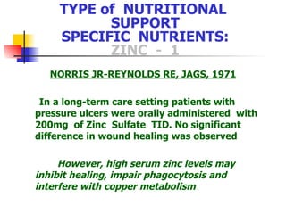 TYPE of  NUTRITIONAL  SUPPORT SPECIFIC  NUTRIENTS: ZINC  -  1 NORRIS JR-REYNOLDS RE, JAGS, 1971 In a long-term care setting patients with pressure ulcers were orally administered  with 200mg  of Zinc  Sulfate  TID. No significant difference in wound healing was observed However, high serum zinc levels may inhibit healing, impair phagocytosis and interfere with copper metabolism 