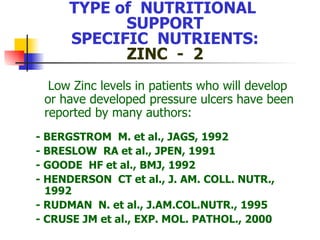 TYPE of  NUTRITIONAL  SUPPORT SPECIFIC  NUTRIENTS: ZINC  -  2 Low Zinc levels in patients who will develop or have developed pressure ulcers have been reported by many authors: - BERGSTROM  M. et al., JAGS, 1992 - BRESLOW  RA et al., JPEN, 1991  - GOODE  HF et al., BMJ, 1992 - HENDERSON  CT et al., J. AM. COLL. NUTR., 1992 - RUDMAN  N. et al., J.AM.COL.NUTR., 1995 - CRUSE JM et al., EXP. MOL. PATHOL., 2000 