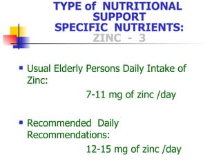 TYPE of  NUTRITIONAL  SUPPORT SPECIFIC  NUTRIENTS: ZINC  -  3 Usual Elderly Persons Daily Intake of Zinc: 7-11 mg of zinc /day Recommended  Daily  Recommendations: 12-15 mg of zinc /day 