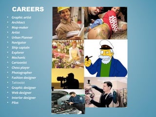 CAREERS
• Graphic artist
• Architect
• Map-maker
• Artist
• Urban Planner
• Navigator
• Ship captain
• Explorer
• Mechanic
• Cartoonist
• Chess player
• Photographer
• Fashion designer
• Tattooist
• Graphic designer
• Web designer
• Interior designer
• Pilot