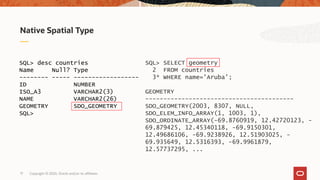 Copyright © 2020, Oracle and/or its affiliates17
Native Spatial Type
SQL> desc countries
Name Null? Type
-------- ----- ------------------
ID NUMBER
ISO_A3 VARCHAR2(3)
NAME VARCHAR2(26)
GEOMETRY SDO_GEOMETRY
SQL>
SQL> SELECT geometry
2 FROM countries
3* WHERE name='Aruba’;
GEOMETRY
-----------------------------------------
SDO_GEOMETRY(2003, 8307, NULL,
SDO_ELEM_INFO_ARRAY(1, 1003, 1),
SDO_ORDINATE_ARRAY(-69.8760919, 12.42720123, -
69.879425, 12.45340118, -69.9150301,
12.49686106, -69.9238926, 12.51903025, -
69.935649, 12.5316393, -69.9961879,
12.57737295, ...
 