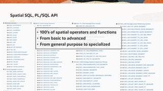 Copyright © 2020, Oracle and/or its affiliates20
Spatial SQL, PL/SQL API
Copyright © 2019 Oracle and/or its affiliates. Oracle Confidential – Internal/Restricted/Highly Restricted
2
• 100’s of spatial operators and functions
• From basic to advanced
• From general purpose to specialized
 