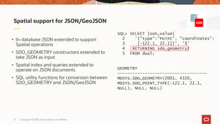 Copyright © 2020, Oracle and/or its affiliates21
Spatial support for JSON/GeoJSON
• In-database JSON extended to support
Spatial operations
• SDO_GEOMETRY constructors extended to
take JSON as input
• Spatial index and queries extended to
operate on JSON documents
• SQL utility functions for conversion between
SDO_GEOMETRY and JSON/GeoJSON
SQL> SELECT json_value(
2 '{"type":"Point", "coordinates":
3 [-122.1, 22.1]}', '$’
4 RETURNING sdo_geometry)
5 FROM dual;
GEOMETRY
------------------------------------
MDSYS.SDO_GEOMETRY(2001, 4326,
MDSYS.SDO_POINT_TYPE(-122.1, 22.1,
NULL), NULL, NULL)
 